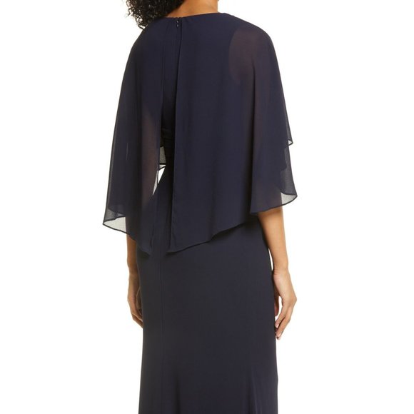 New Vince Camuto Navy Beaded Neckline Capelet Gown Size 6 - Picture 5 of 14